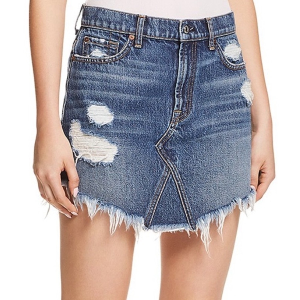 7 For All Mankind Distressed Raw Hem Frayed Denim Jean Mini Skirt Size 24